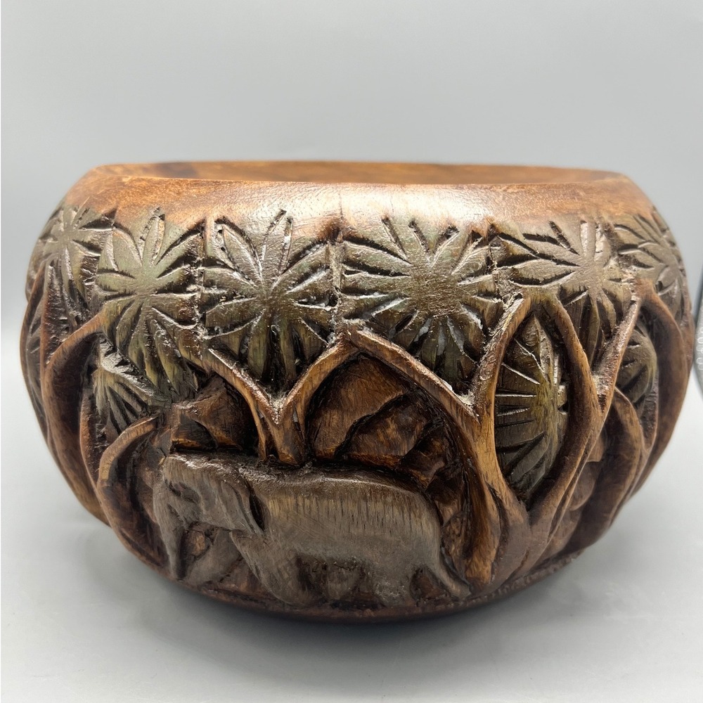 Vintage Hand Carved Wooden‎ Bowl Elephants And Trees 3 D carving